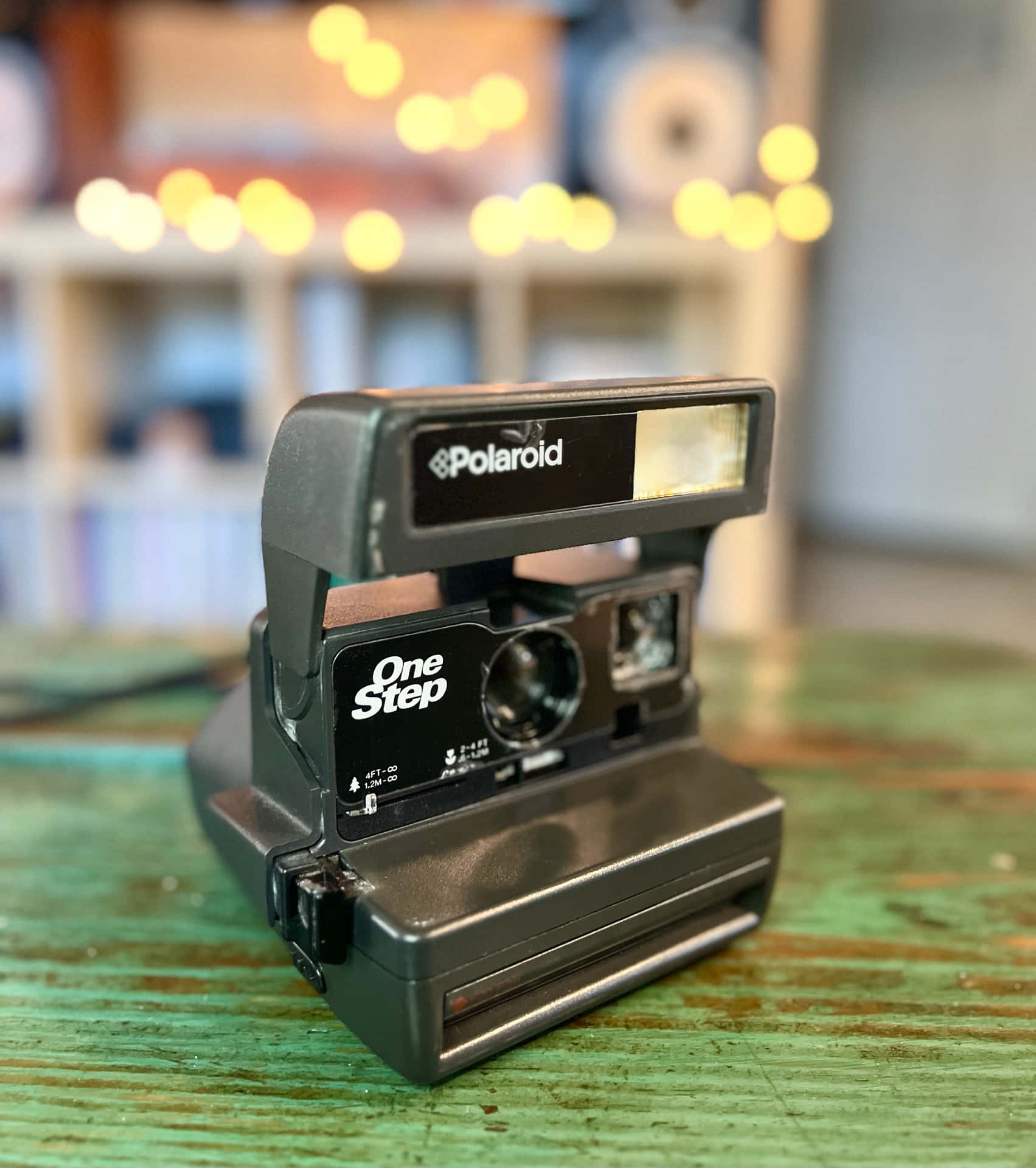  壁紙 — 一部復古黑色Polaroid One Step相機放在一張風化的綠色木桌上，背景有溫暖的散景燈光。