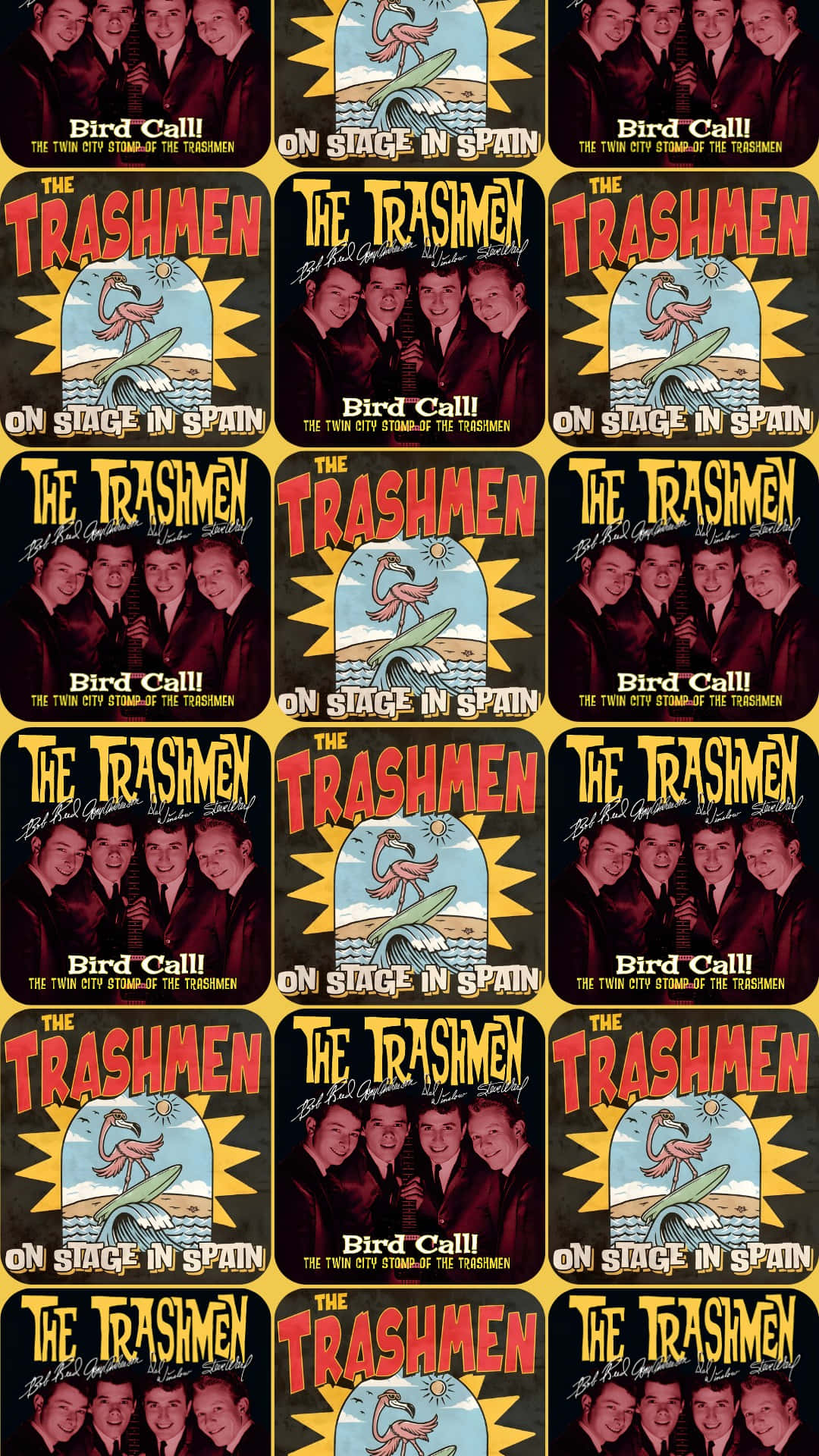  壁紙 — 復古懷舊海報圖案， featuring The Trashmen 樂隊，帶有衝浪板火烈鳥和粗體紅、黃、黑色的「Bird Call」文字。
