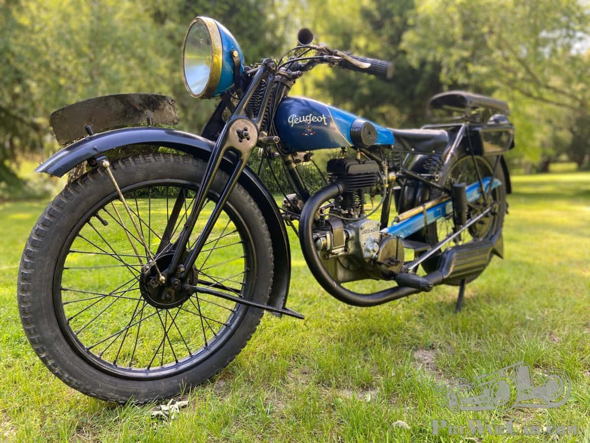 Peugeot Motorcycle 桌布 壁紙 — 復古藍色Peugeot電單車帶有鍍鉻裝飾，停泊在陽光照射的綠色草地上，周圍樹木環繞。