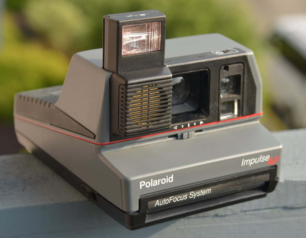  壁紙 — 一部復古的Polaroid Impulse AF相機配備自動對焦系統，放置在木質表面上，背景是模糊的綠色。