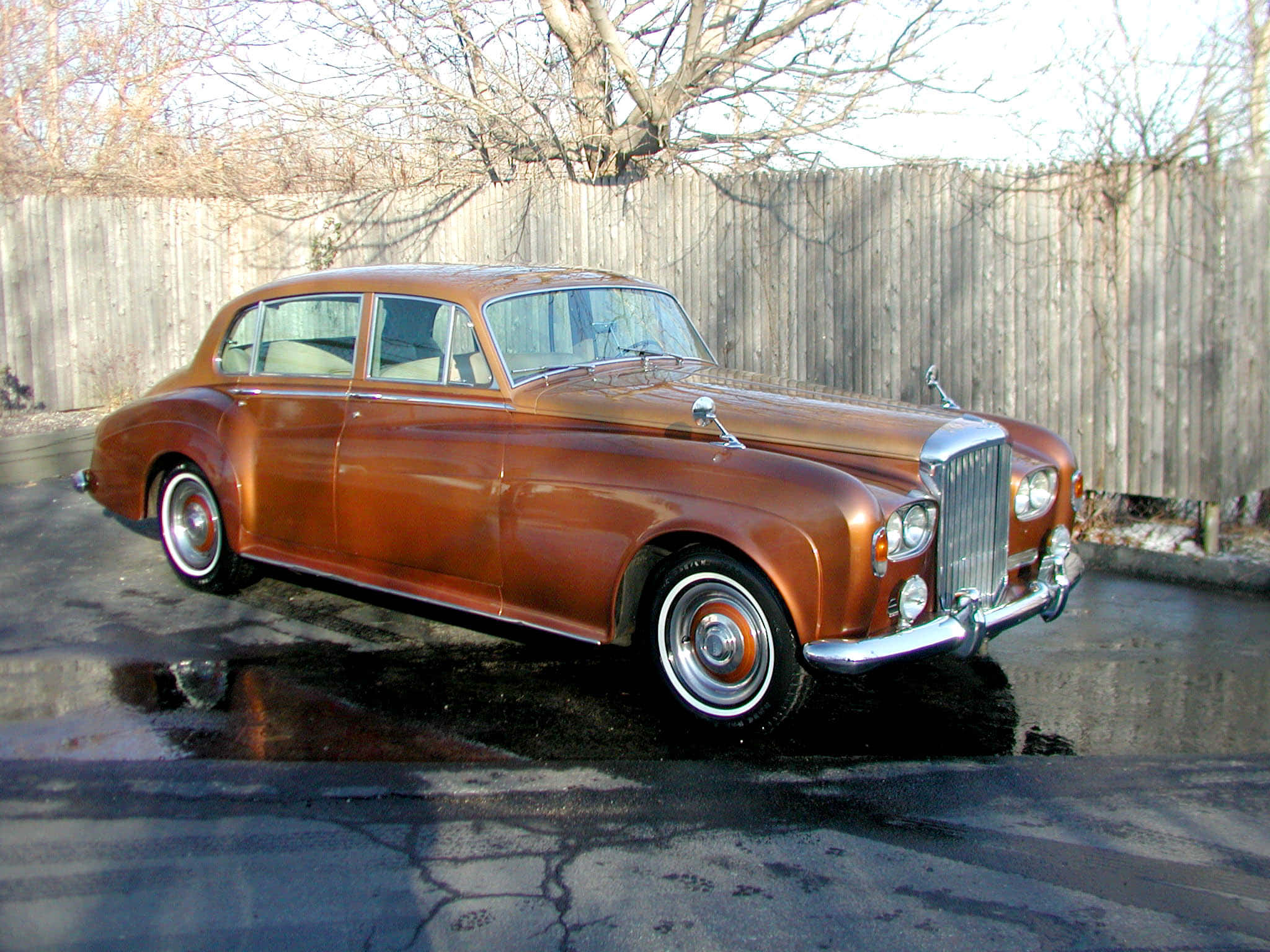 Bentley S3 桌布 壁紙 — 一輛復古銅色賓利房車在濕潤的車道上閃閃發光，旁邊是木柵欄，樹木光禿禿的。