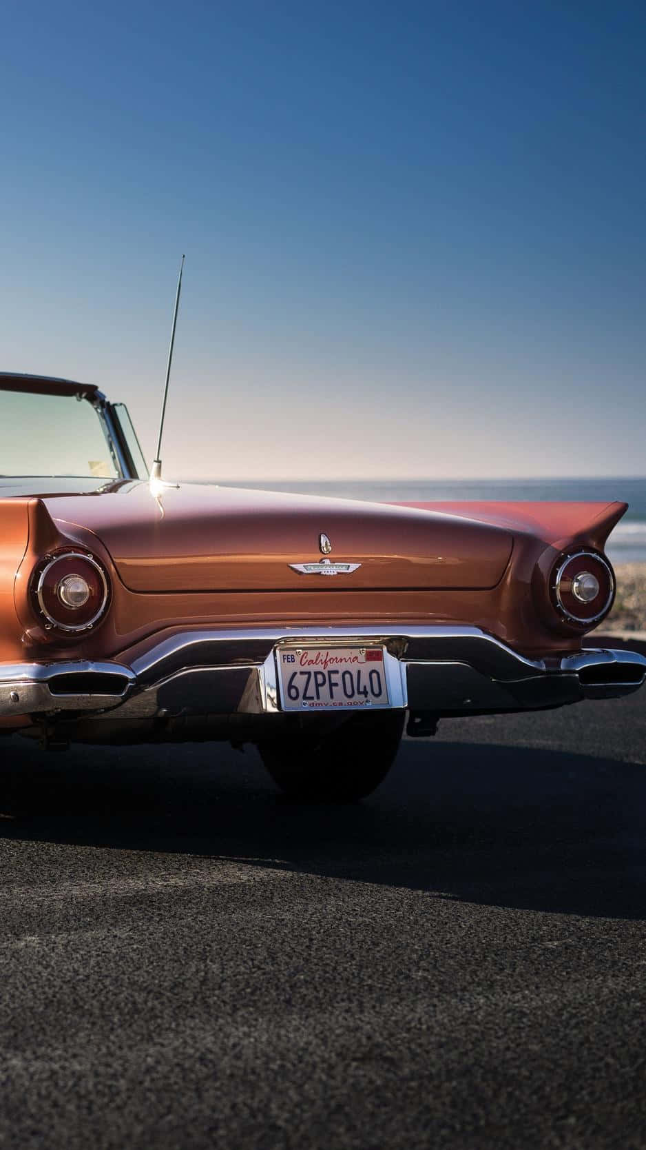 Ford Thunderbird 桌布 壁紙 — 一輛復古銅色開篷車停泊在海岸瀝青路上，天空清澈湛藍，海平線一望無際。