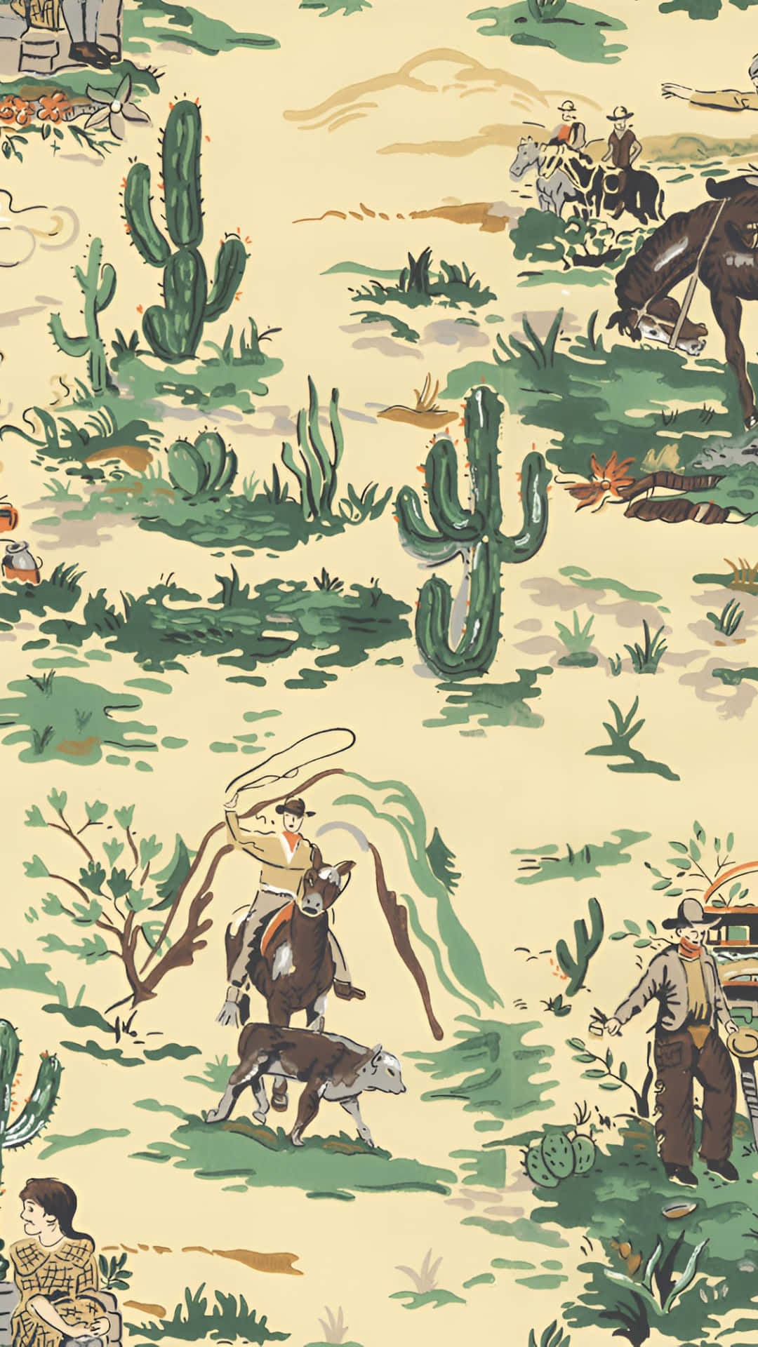  壁紙 — 復古西部場景插圖，牛仔騎馬並在綠色仙人掌和沙漠灌木中套牛。