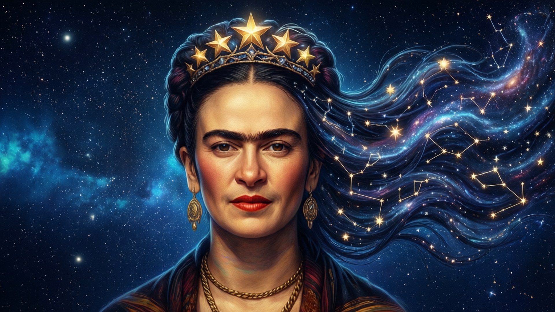 Starry Night Frida 壁紙 — 弗里達·卡羅戴著星星皇冠向前凝視，她的頭髮流入充滿星座的宇宙星雲。