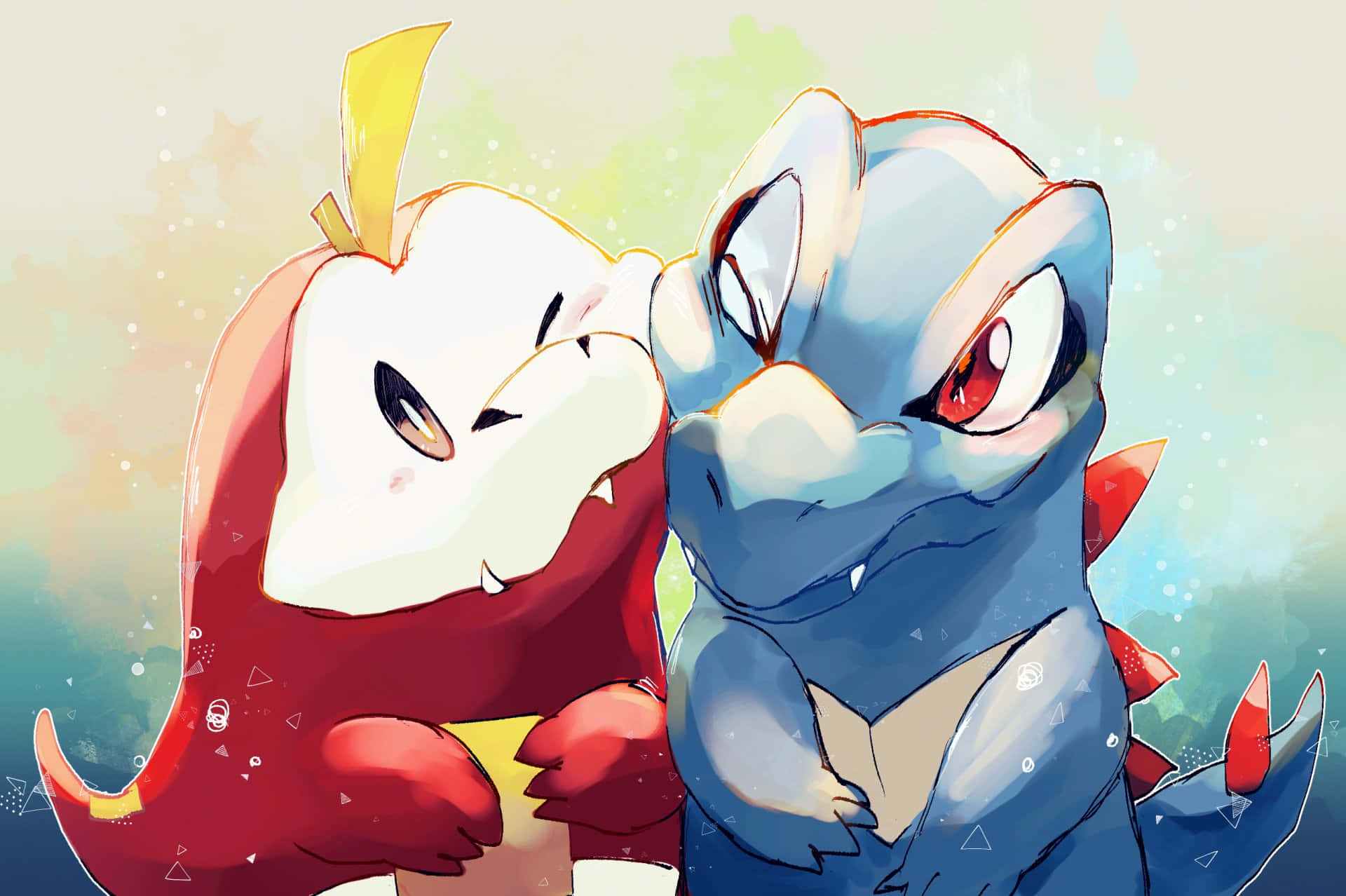 Fuecoco 與 Totodile 可愛互動插畫 壁紙 — 兩隻可愛嘅動漫風格寵物小精靈，一隻紅色同一隻藍色，喺柔和漸變背景前以俏皮表情面對面。