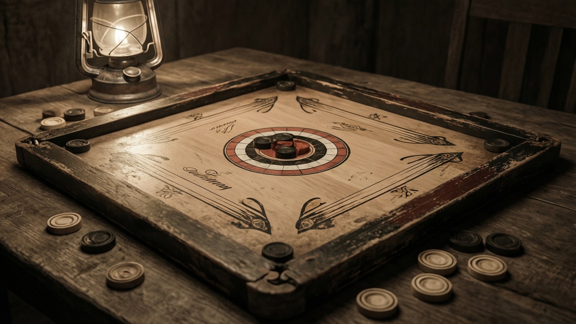 Carrom Board 桌布 壁紙 — 一個復古木製卡羅姆板，上面有黑色和白色的圓盤，放在一張質樸的桌子上，點燃的油燈發出溫暖的光芒。