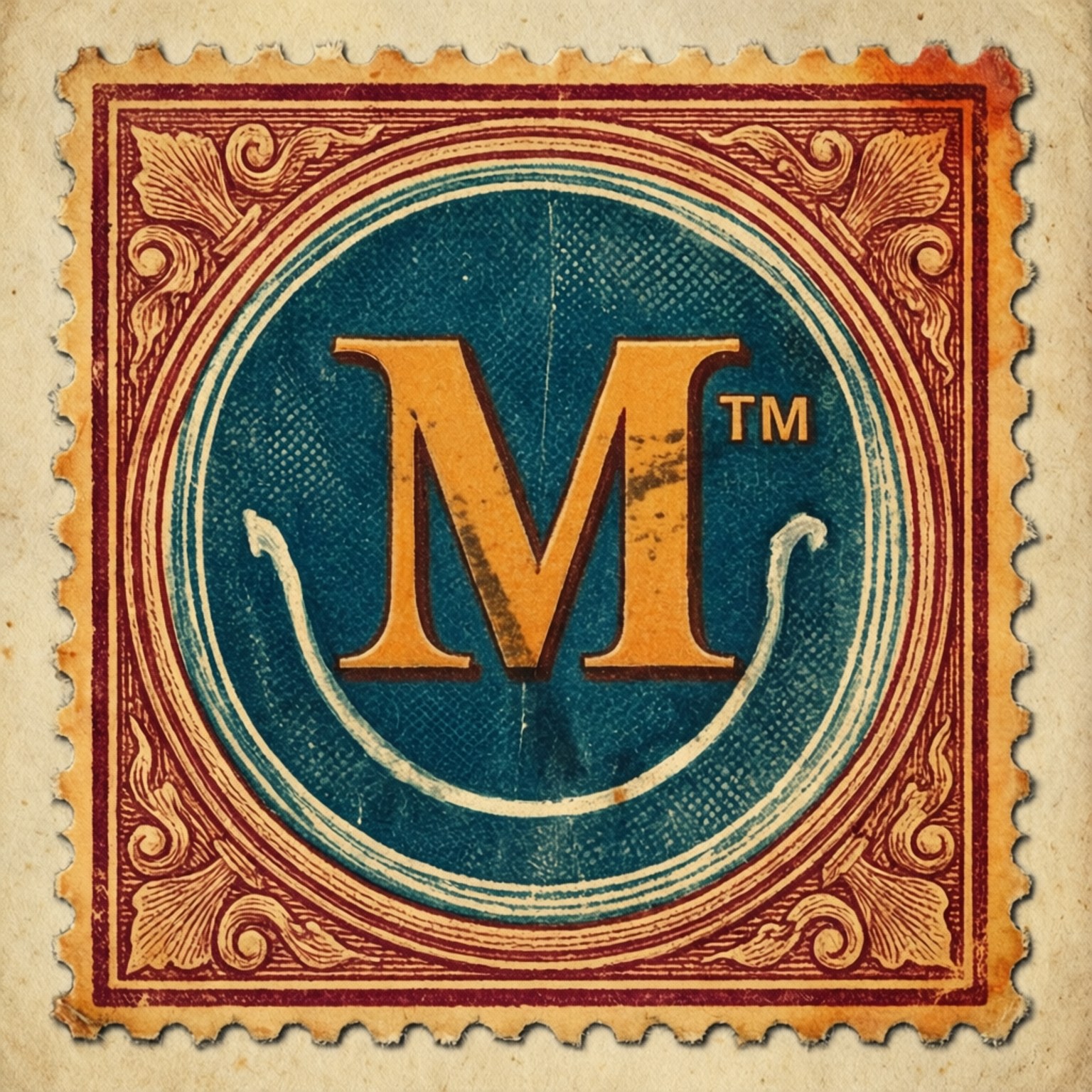 復古郵票商標 壁紙 — 復古郵票，藍色圓圈中央有一個大膽的橙色「M」商標，帶有華麗的紅色邊框和穿孔邊緣。