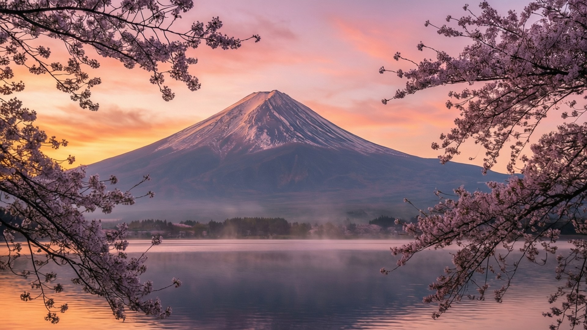 富士山與櫻花在日出時分環繞煙霧繚繞的湖泊