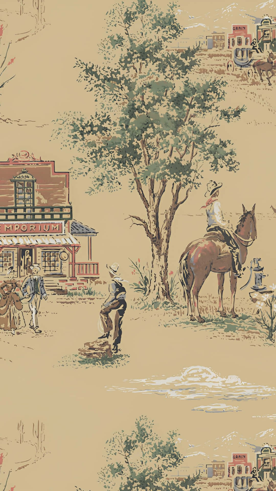  壁紙 — 復古插畫風格的西部小鎮場景，有牛仔、馬匹和商店門面，天空蒼白。