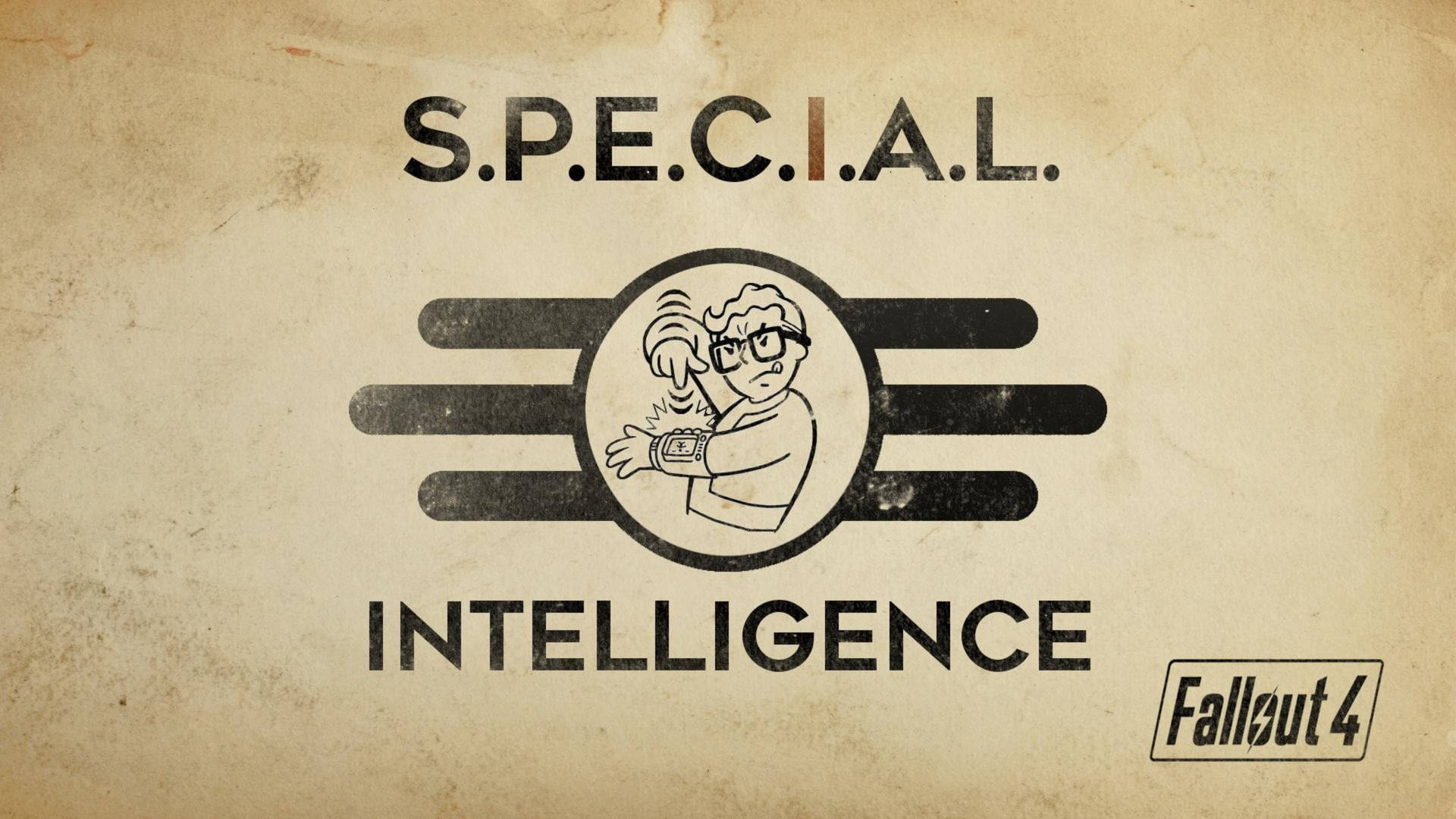 Fallout 4 S.P.E.C.I.A.L. Intelligence標誌，帶有卡通科學家圖案，印在舊紙上。