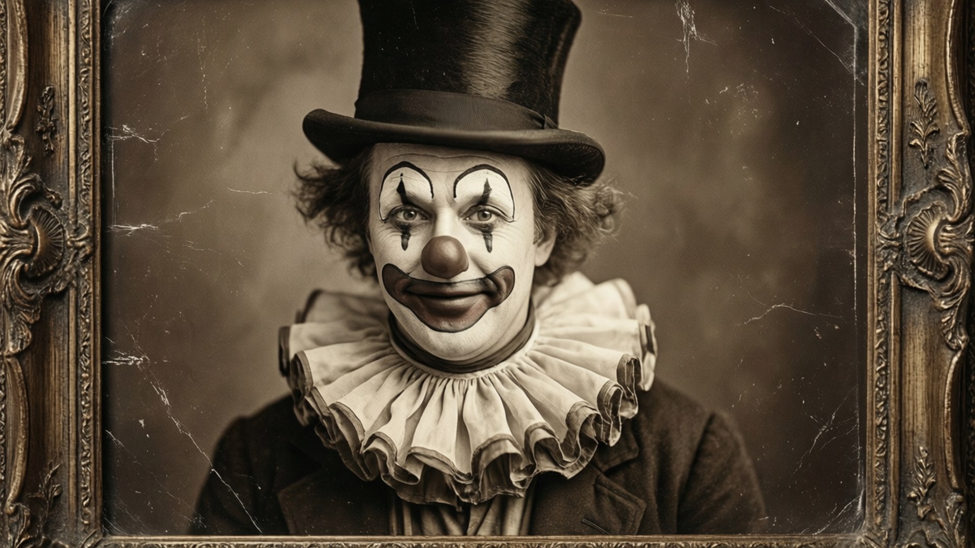 Vintage Clown Portrait 壁紙 — 一個復古深褐色調的肖像，描繪一個戴高帽和荷葉邊領的可怕小丑，鑲在華麗的金色畫框內。