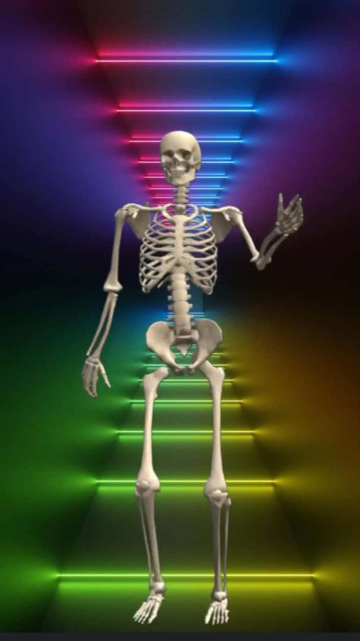  壁紙 — 一個完整的人體骨骼站在一條充滿未來感的走廊中，被彩虹色調的鮮豔霓虹燈照亮。