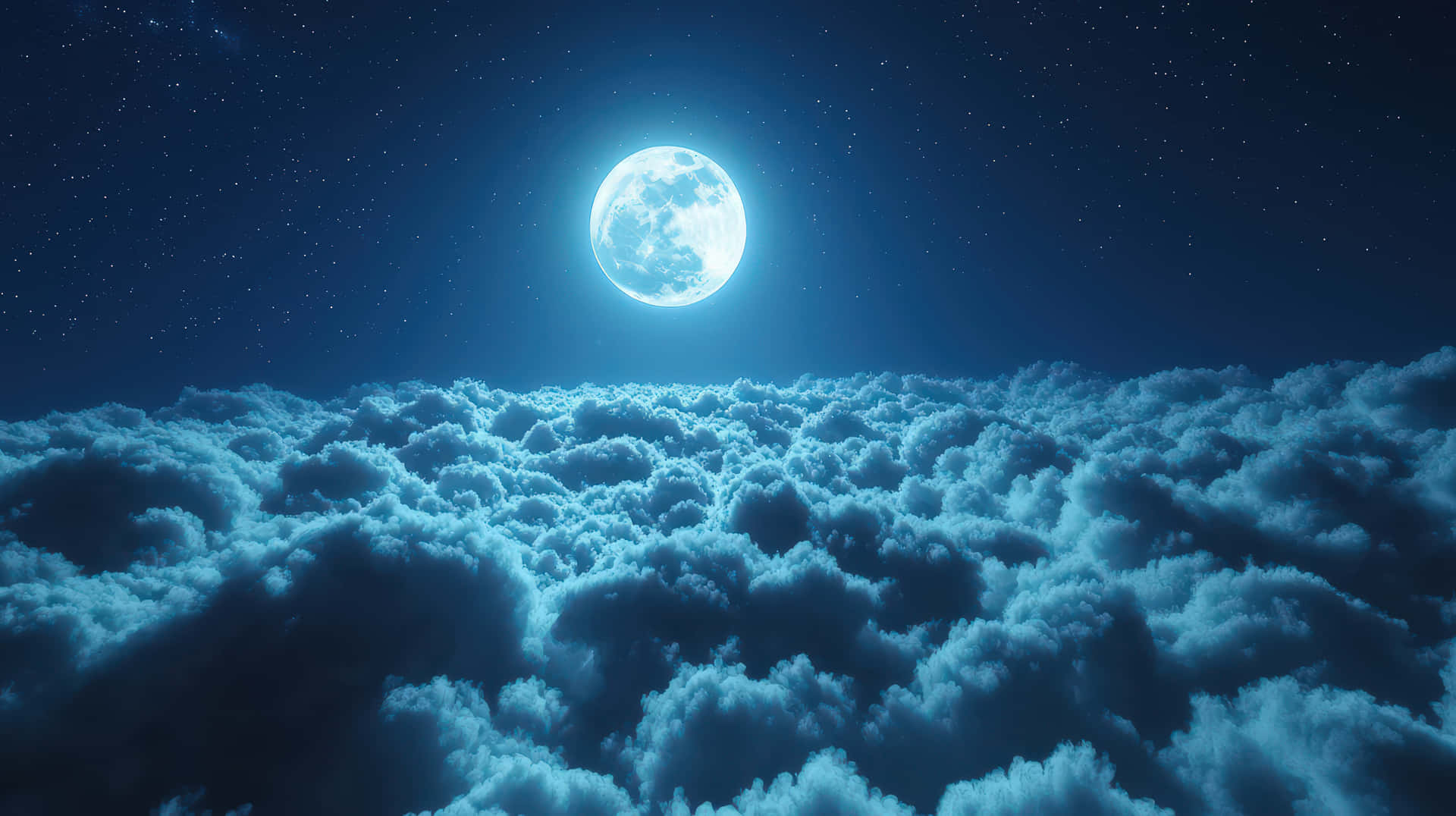 滿月在星空下的雲海上閃耀