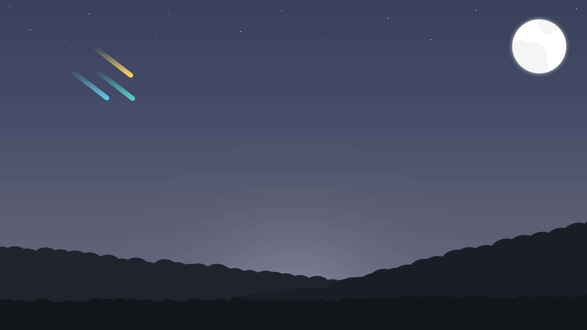 夜晚黑暗山丘上的滿月和色彩繽紛的流星。