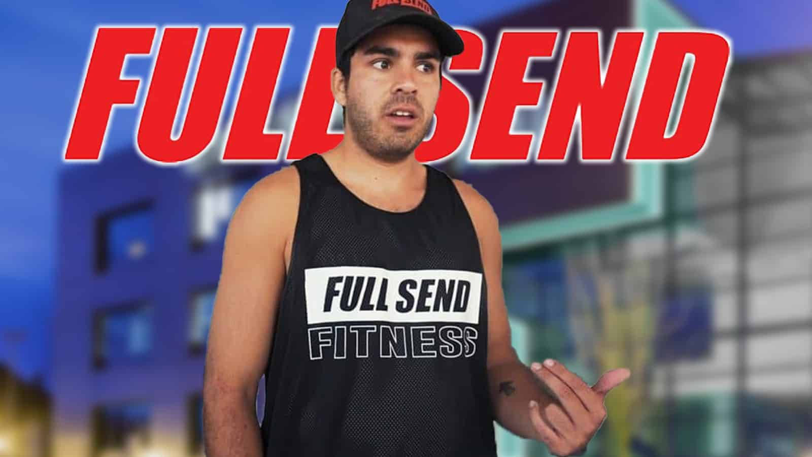 穿著健身服裝的男人，在城市背景下露出驚訝表情，帶有「FULL SEND」文字。