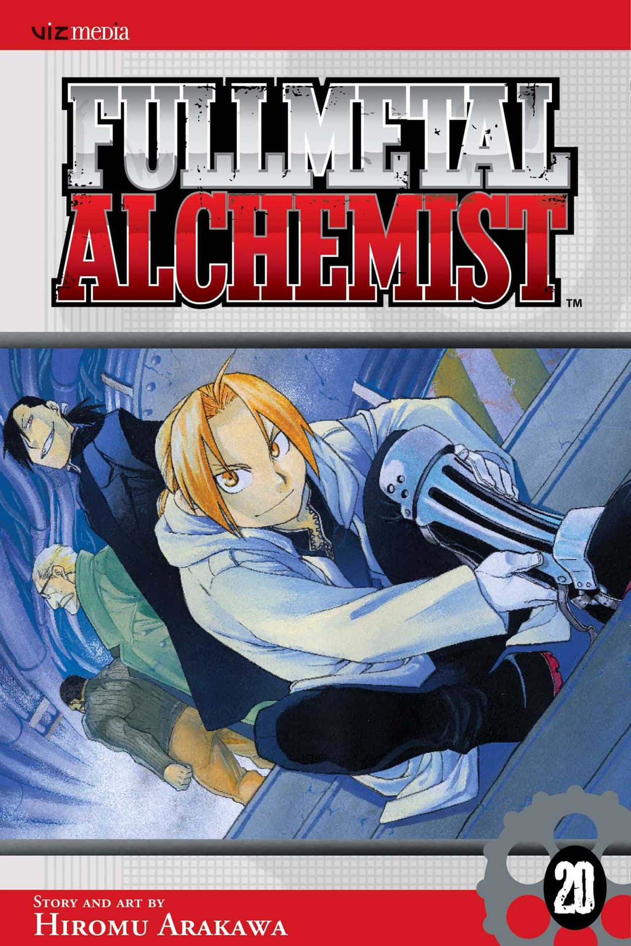 Fullmetal Alchemist 小說海報圖片 壁紙 — 動漫角色以動感動作姿勢展現，帶有機械肢體和戲劇性的藍色背景。