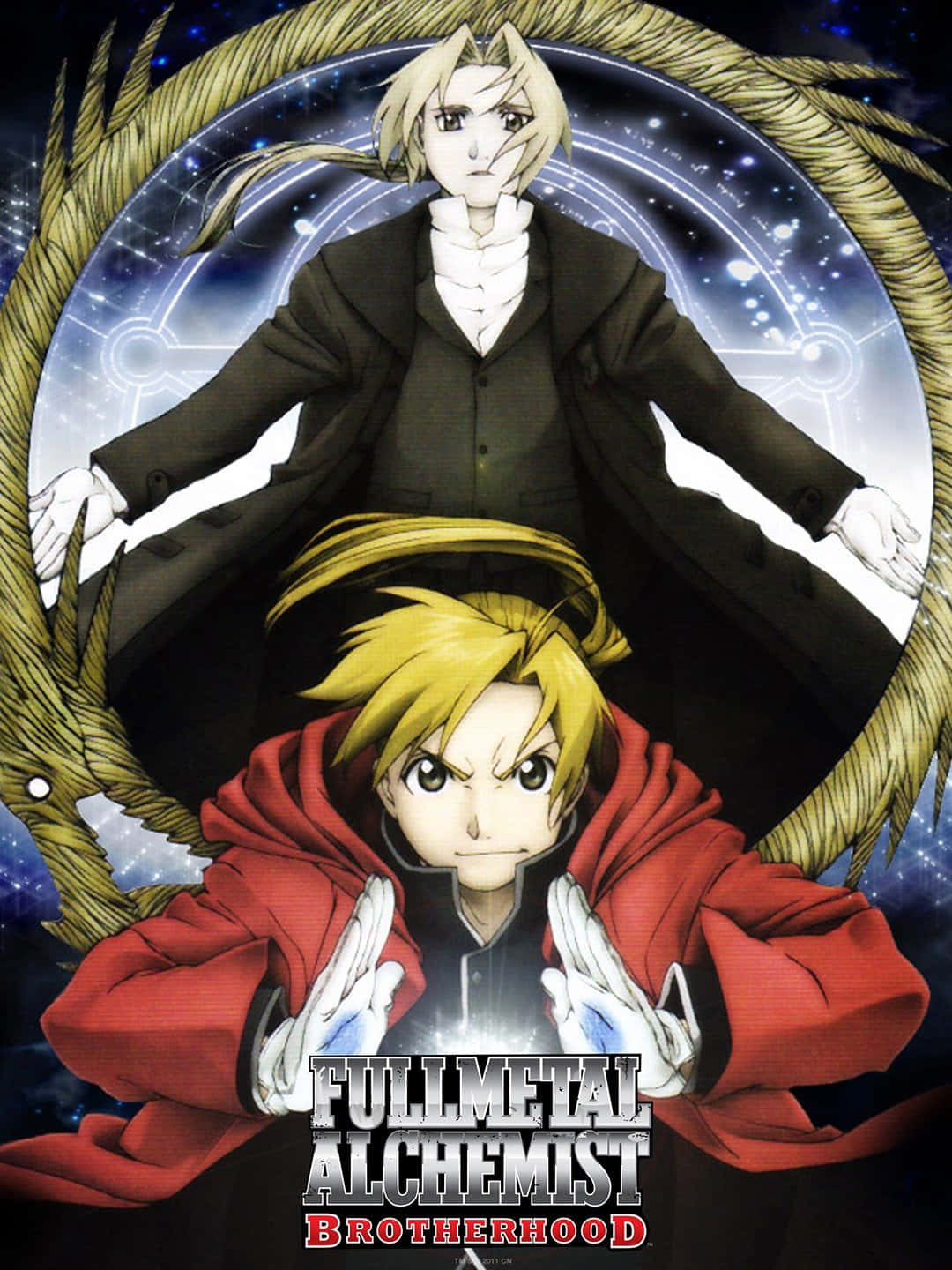 Fullmetal Alchemist Brotherhood Edward 圖片 壁紙 — 兩位動畫煉金術師站在一個宇宙圓圈中，被一條金龍包圍，背景是繁星點點的夜空。