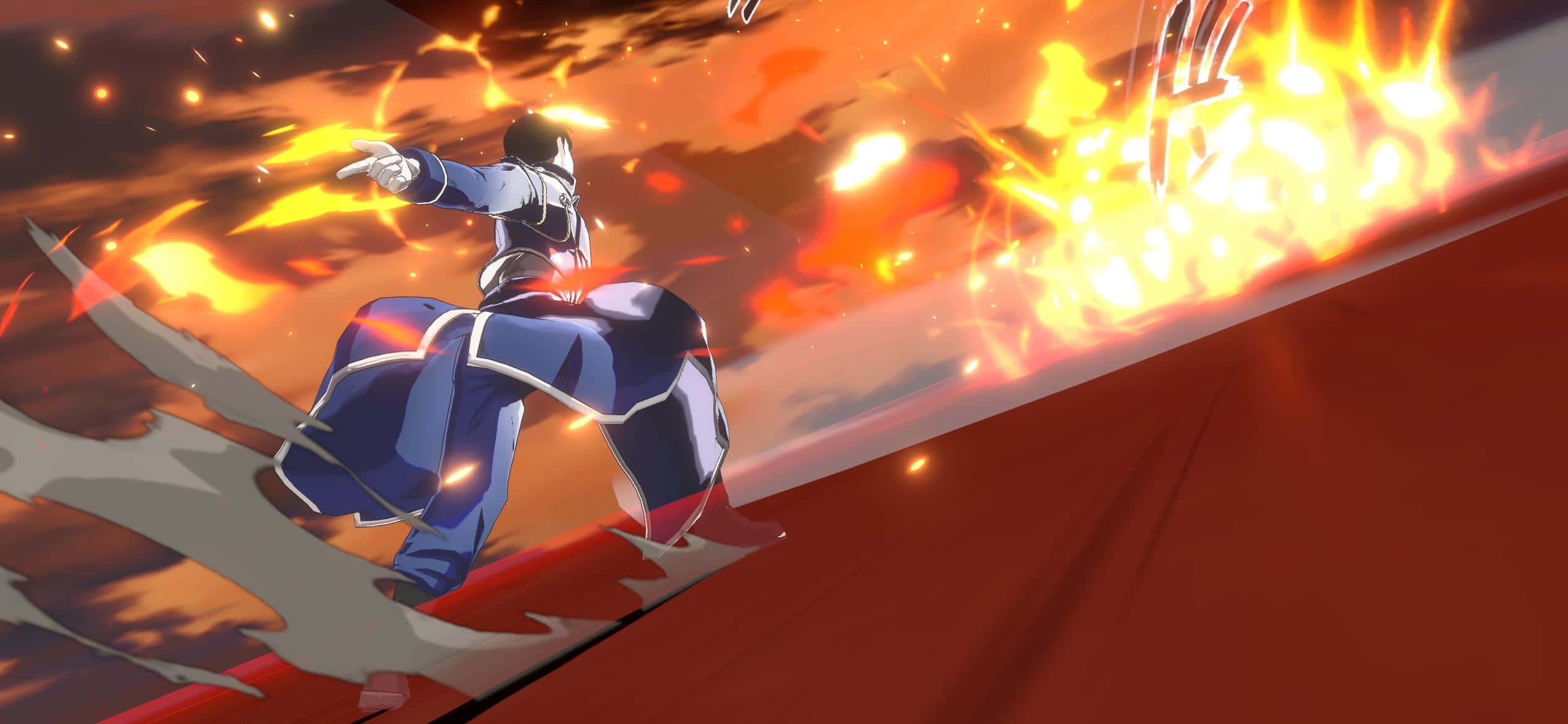 Fullmetal Alchemist Roy Mustang 圖片 壁紙 — 一個穿著藍色盔甲的動漫角色在熾熱的橙色天空下，向紅色斜坡釋放火焰爆炸。