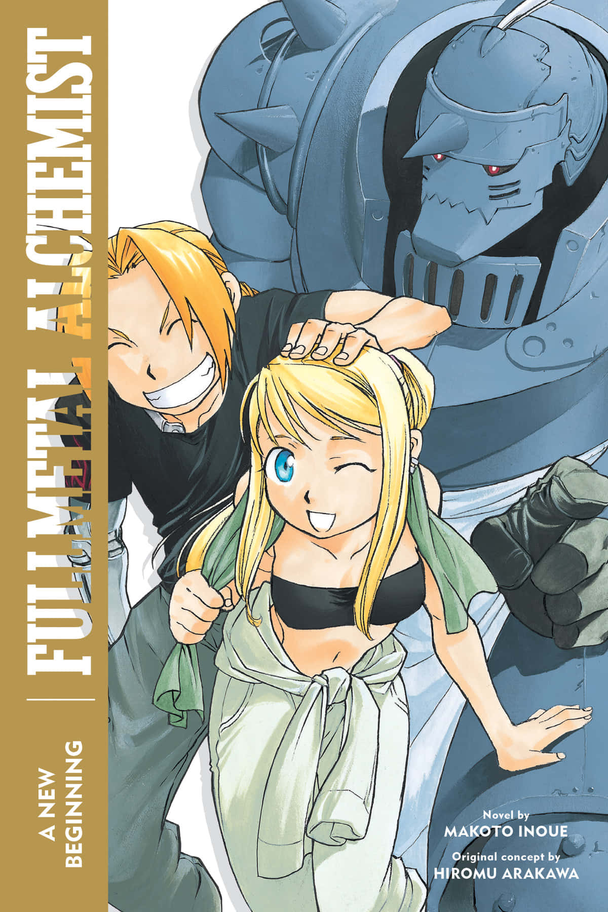 Fullmetal Alchemist Winry Rockbell 圖片 壁紙 — 兩個開朗的動漫角色在動態的漫畫封面場景中與高聳的裝甲自動機嬉戲互動。