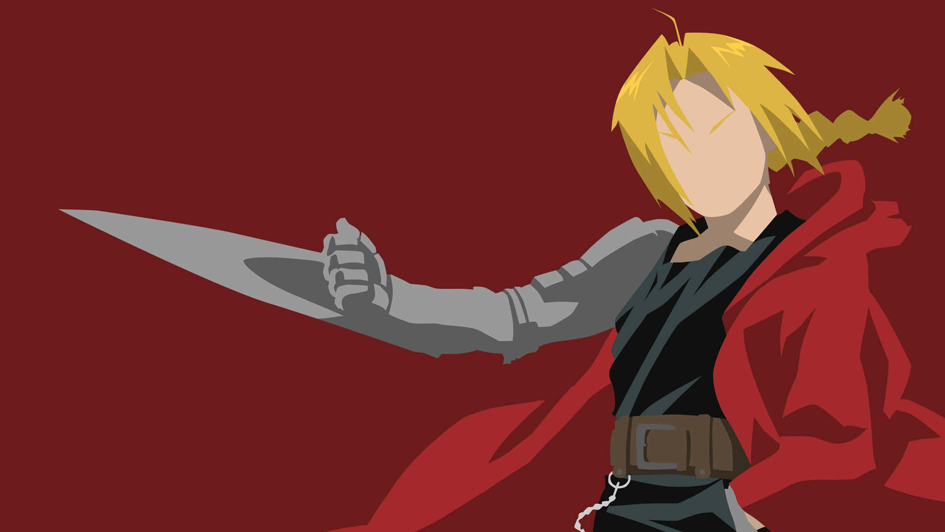 Fullmetal Alchemist 面無表情 Edward 圖片 壁紙 — 一個風格化的動漫戰士，金髮紅袍，在深紅色背景前揮劍。