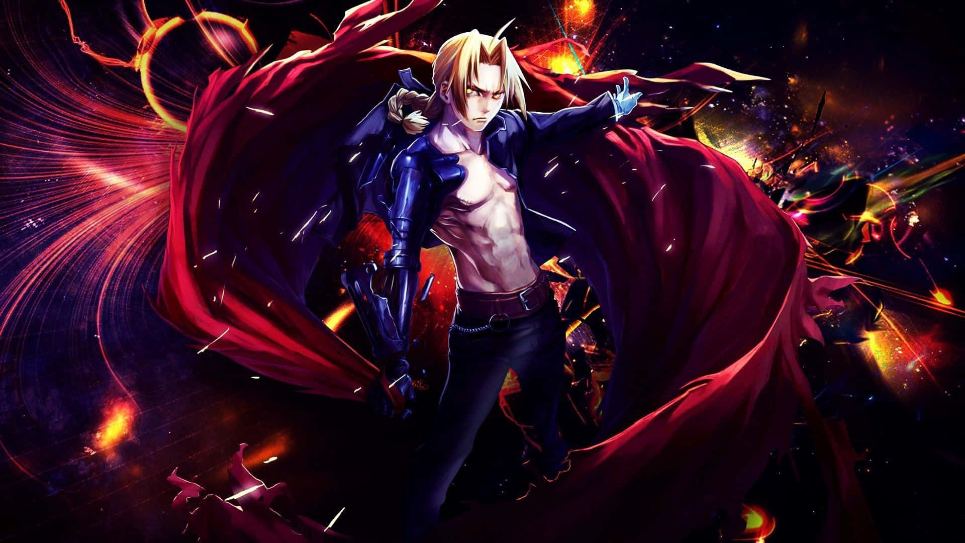與《Fullmetal Alchemist Brotherhood》一同解開賢者之石的謎團 壁紙 — 一位金髮動漫戰士披著飄逸的紅色斗篷，英勇地站在充滿熾熱能量和碎片的宇宙戰場上。