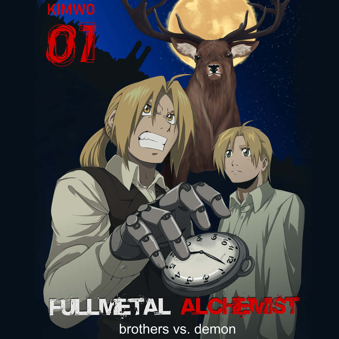 Fullmetal Alchemist 兄弟對戰惡魔圖片 壁紙 — 兩個動漫兄弟在發光的月亮下面對一隻巨大的鹿惡魔，其中一人拿著懷錶。