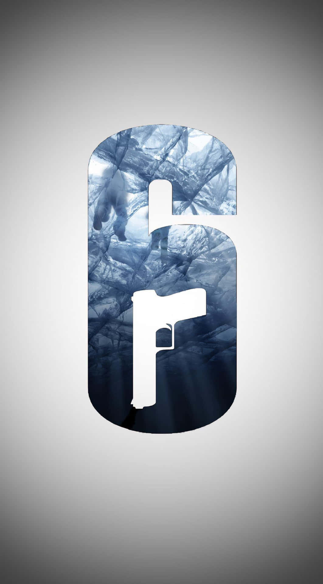  壁紙 — 一個風格化的字母「F」，填充了單色森林場景和手槍剪影，背景為漸變灰色。