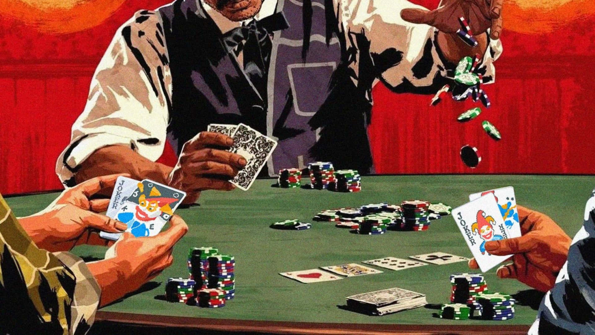  壁紙 — 在戲劇性的紅燈下，玩家在綠色毛氈桌上發牌和投擲籌碼，展開一場風格化的撲克遊戲。