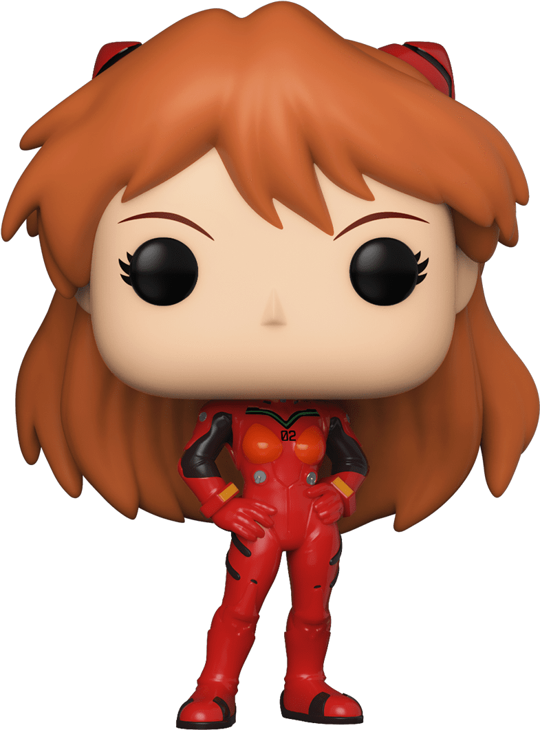 福音戰士角色Funko Pop 壁紙 — 一個Funko Pop公仔，明日香·蘭格雷穿著紅色戰鬥服，橙色頭髮，黑色眼睛，背景為黑色。
