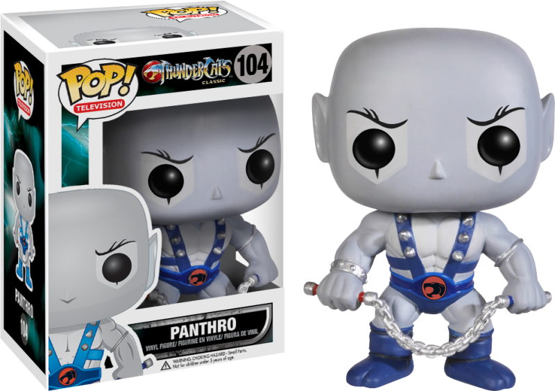 雷霆貓潘薩托 Funko Pop人偶 壁紙 — 一個來自ThunderCats Classic的Panthro Funko Pop! 乙烯基公仔，旁邊是其收藏盒，配有藍色背帶和鏈條武器。