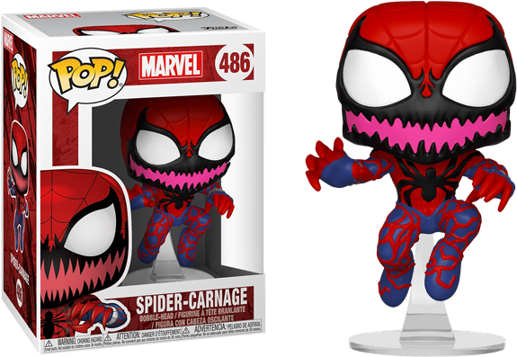 蜘蛛殺戮 Funko Pop 公仔 壁紙 — Funko Pop! Marvel 蜘蛛屠殺者人偶站在其盒子旁邊，盒子採用紅、藍、粉紅色設計，帶有尖牙和蜘蛛網圖案。