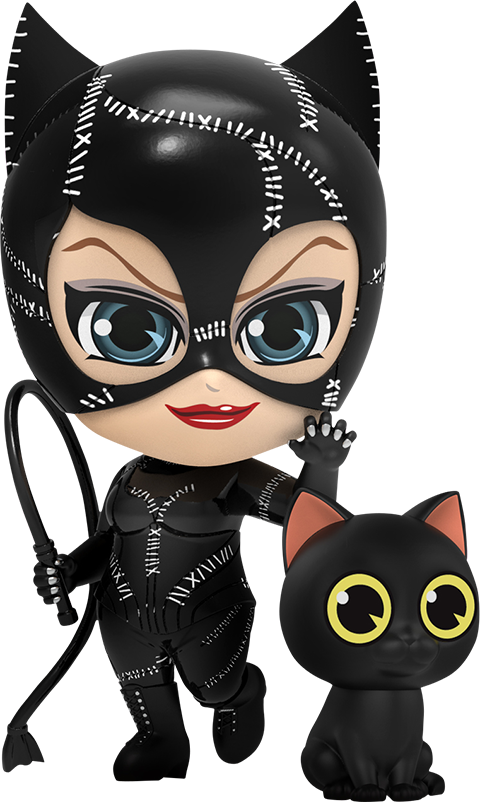 貓女 Funko Pop 模型與黑貓 壁紙 — Q版貓女穿著黑色服裝帶有白色縫線，手持鞭子，旁邊有一隻黃眼睛的小黑貓。