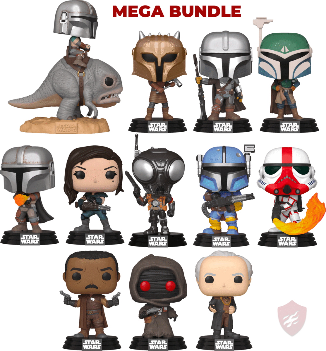 曼達洛人 Funko Pop 收藏 壁紙 — 一系列 Funko Pop! 星球大戰人偶，包括曼達洛人以及 Grogu 和 Darth Maul 等角色，在黑色背景上展示。