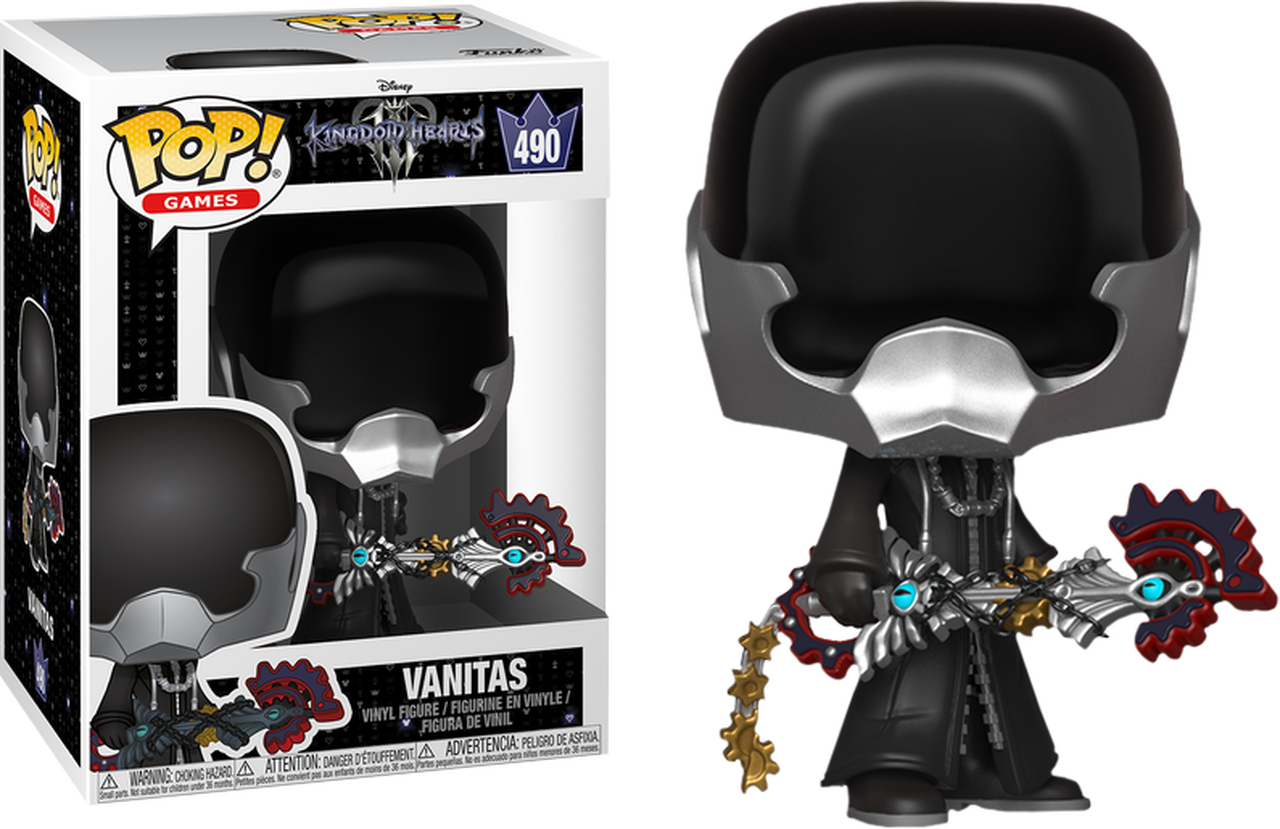 王國之心范塔斯 Funko Pop 壁紙 — 來自《王國之心》的黑銀色 Vanitas Funko Pop! 乙烯基人偶，手持精緻的鑰刃，展示在其原裝包裝旁。