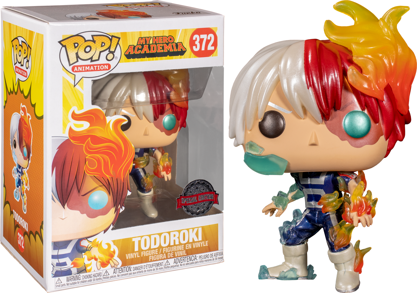 我的英雄學院 霜月龍兒 Funko Pop 壁紙 — 來自《我的英雄學院》的轟焦凍 Funko Pop! 乙烯基公仔，帶有火焰和冰效果，旁邊是其收藏盒。