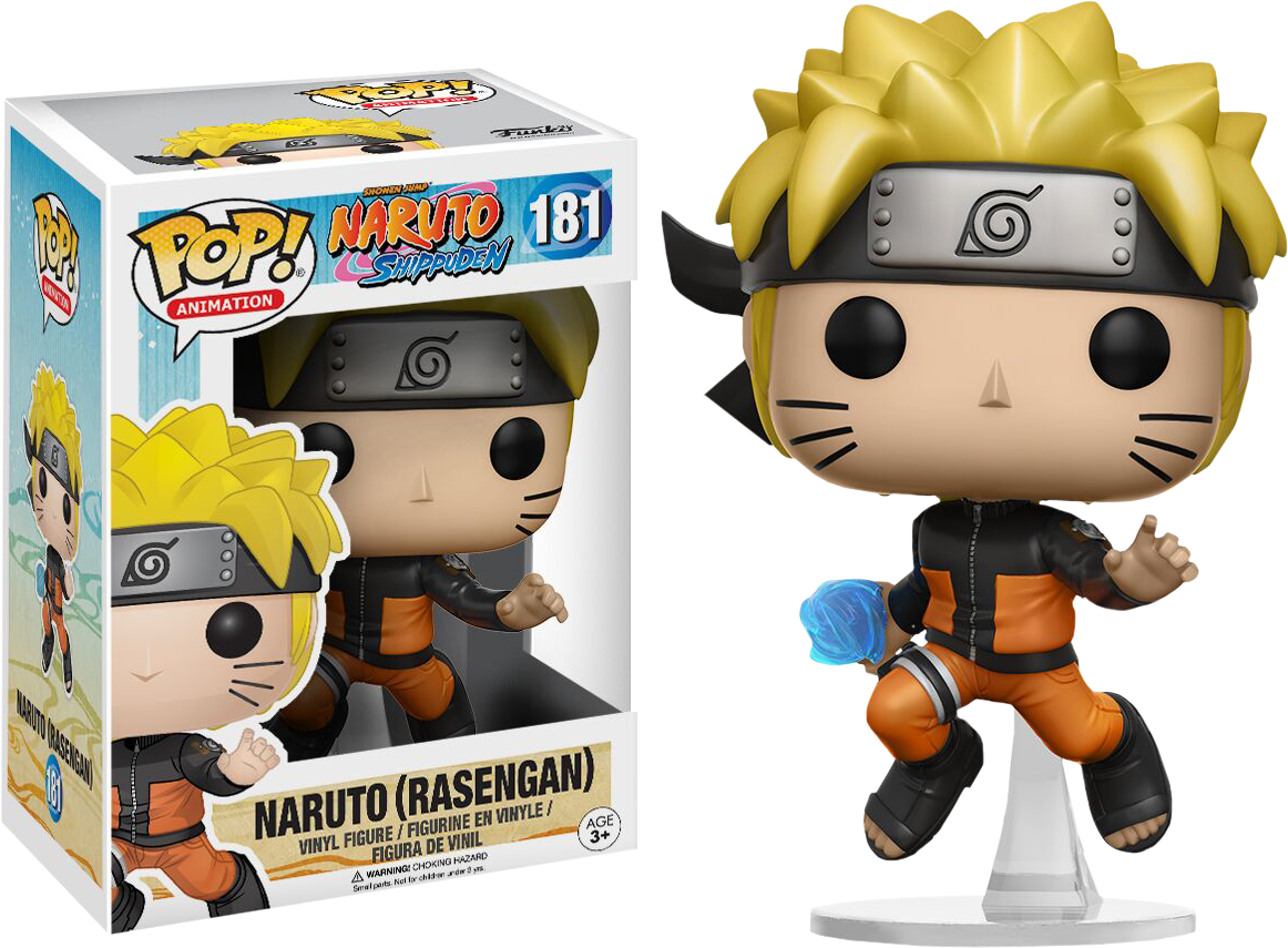 火影忍者螺旋丸Funko Pop 壁紙 — 一個穿著橙色和黑色忍者服、手持藍色螺旋丸的漩渦鳴人 Funko Pop! 人偶，展示在其原裝包裝旁邊。