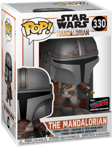 曼達洛人 Funko Pop 330 限量版 壁紙 — 一個 Funko Pop! 的曼達洛人塑像，戴著標誌性頭盔和盔甲，展示在原裝包裝中。