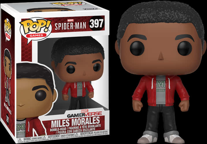 米爾斯·莫拉萊斯 Funko Pop 公仔397 壁紙 — 一個穿著紅色外套的Miles Morales Funko Pop! 人偶站在他的收藏盒旁邊，背景為黑色。