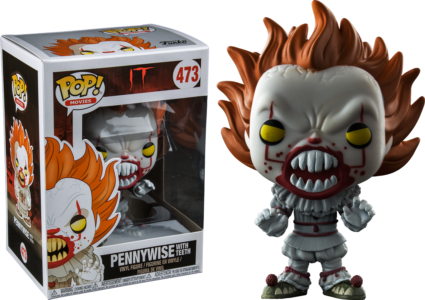 潘尼懷斯 Funko Pop! 電影收藏人偶（露齒版） 壁紙 — 一個帶有橙色頭髮、黃色眼睛和血淋淋笑容的可怕Pennywise Funko Pop! 乙烯基人偶，站在其編號收藏盒旁邊，背景為黑色。