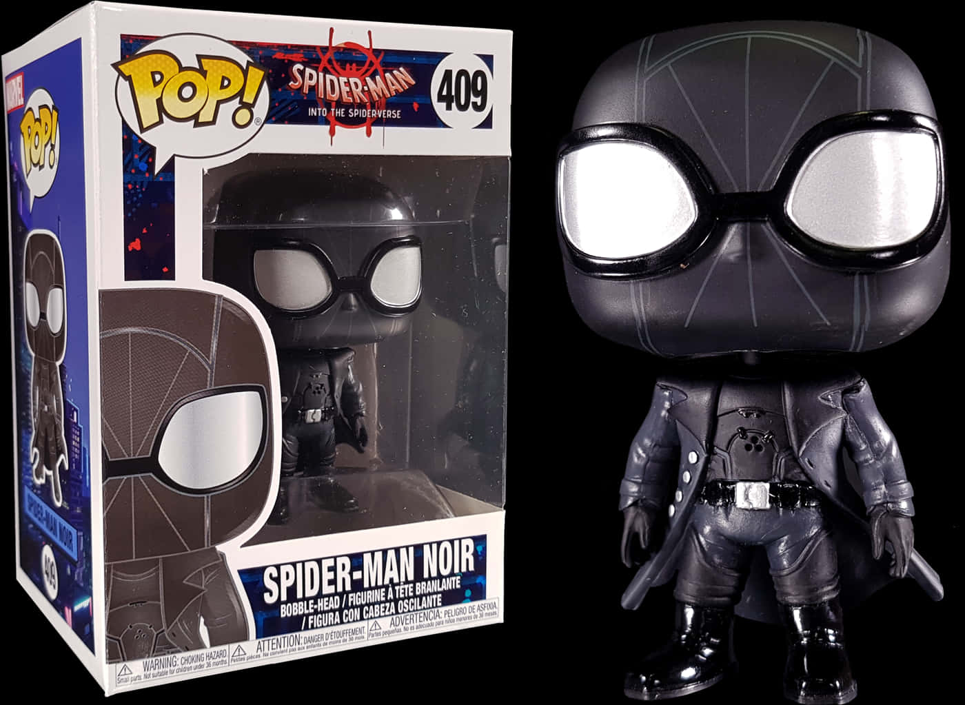蜘蛛人黑影 Funko Pop 公仔409 壁紙 — 一個黑色蜘蛛俠黑色 Funko Pop! 軟膠公仔站在其收藏盒旁邊，背景為深色。
