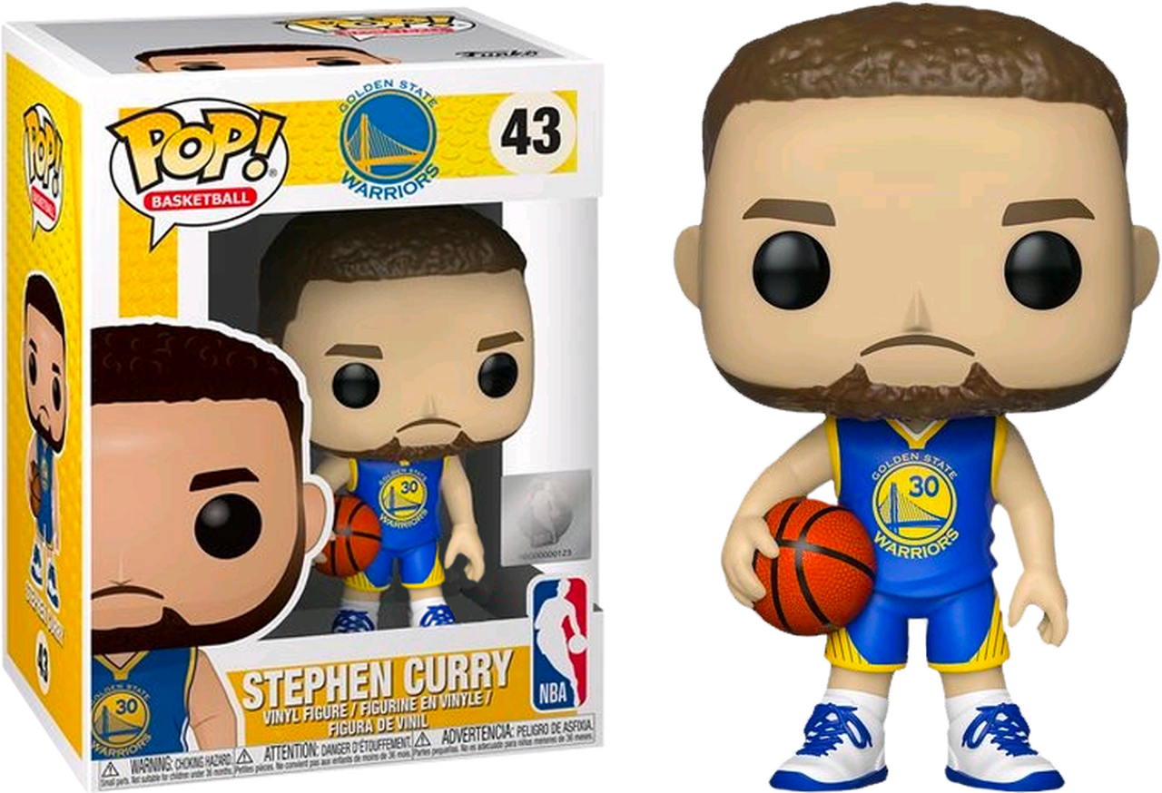 史蒂芬·柯瑞Funko Pop人偶 壁紙 — 一個穿著金州勇士隊球衣、手持籃球的史提芬·居里Funko Pop! 乙烯基公仔，旁邊是其收藏盒。