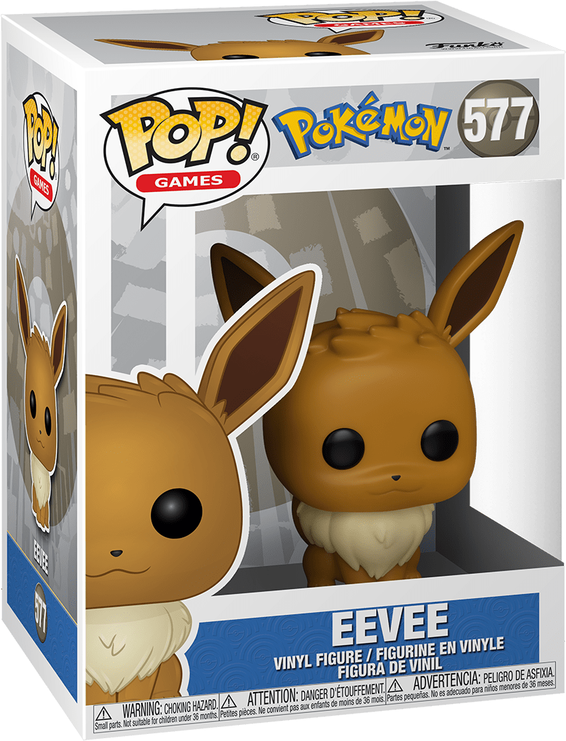 Funko Pop 伊布寶可夢577 壁紙 — 寵物小精靈系列577的伊貝Funko Pop! 乙烯基公仔，展示於附有透明膠窗的原裝盒內。
