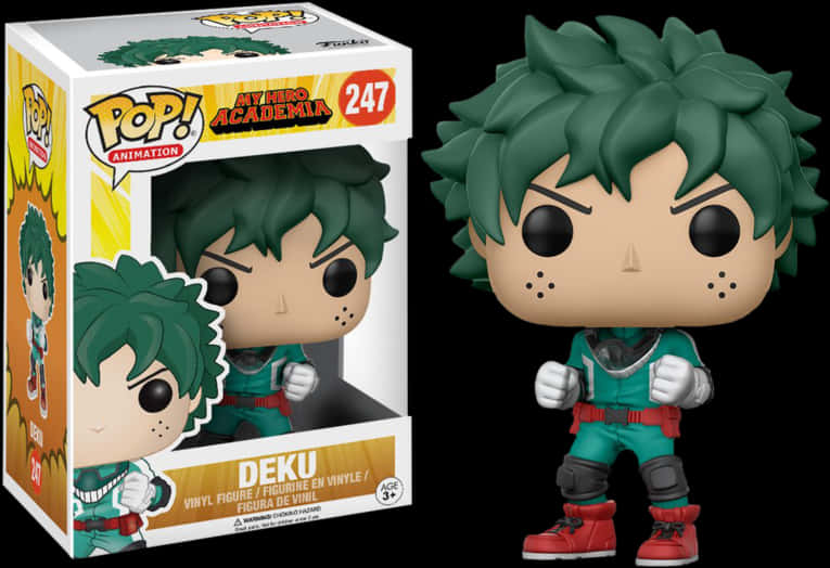 《我的英雄學院》綠谷出久Funko Pop 壁紙 — 《我的英雄學院》的綠谷出久 Funko Pop! 乙烯基人偶站在其彩色收藏盒旁，背景為黑色。