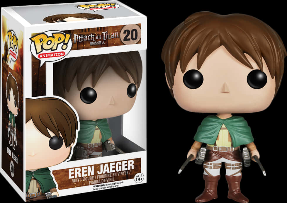 艾倫·耶格 Funko Pop人偶 壁紙 — 來自《進擊的巨人》的艾倫·耶格的Funko Pop! 乙烯基公仔，站在黑色背景前的收藏盒旁邊。