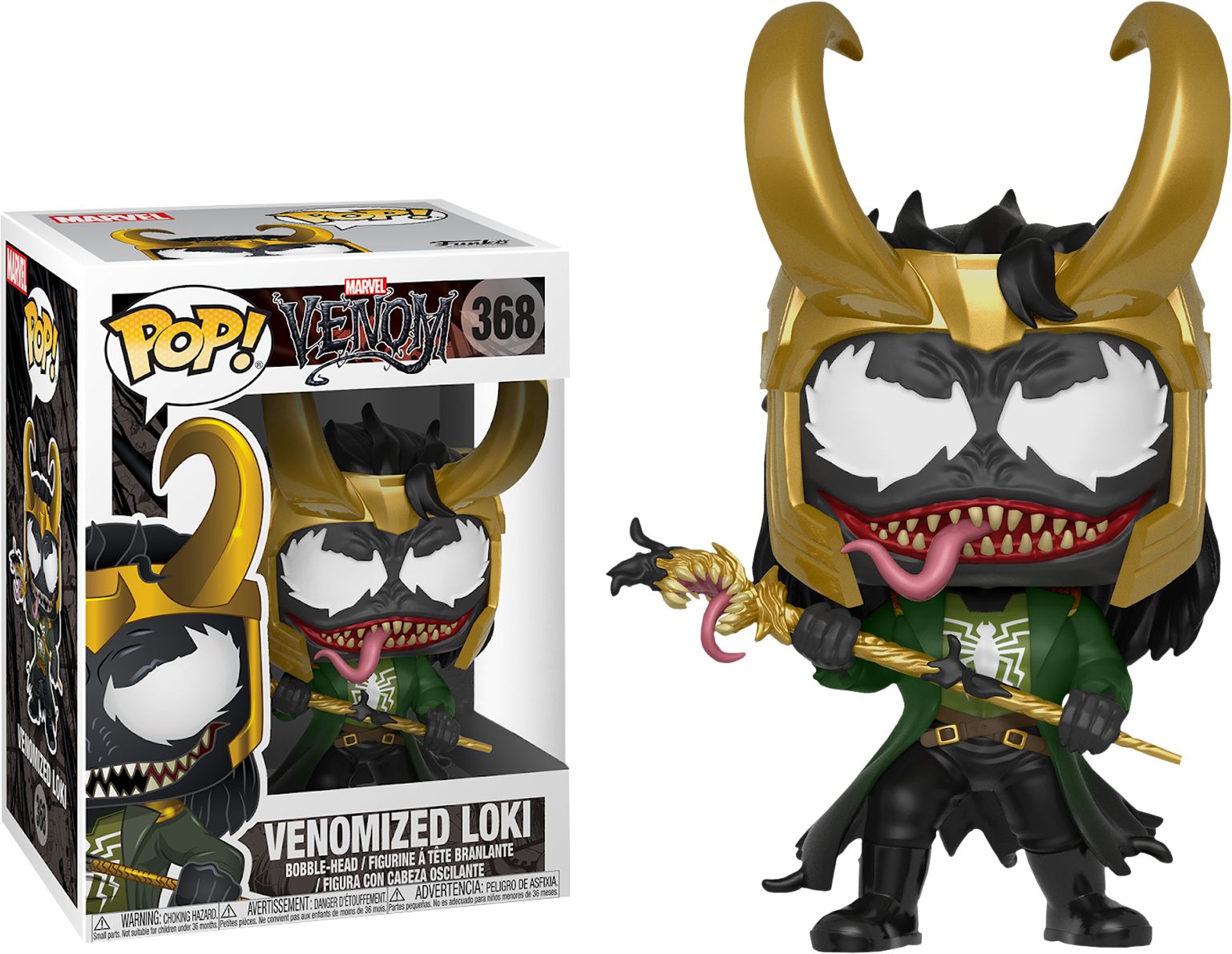 毒液化洛基 Funko Pop 公仔 壁紙 — 一個Funko Pop! 毒液洛基的乙烯基人偶，擁有金色角和權杖，展示在其收藏盒旁邊。