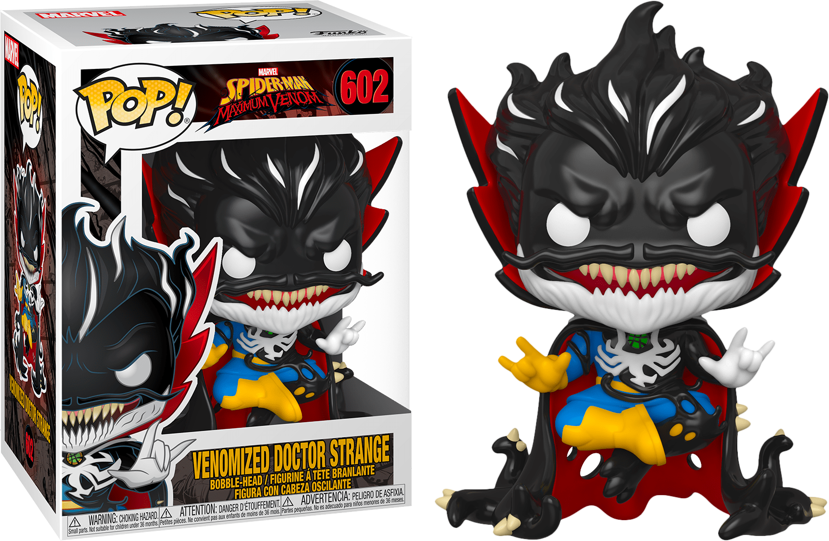 毒液化史特蘭奇 Funko Pop 壁紙 — 一個 Funko Pop! 乙烯基公仔，係 Venomized Doctor Strange，有黑色共生體身體、紅色角同藍黃色衫，擺喺佢個盒旁邊。