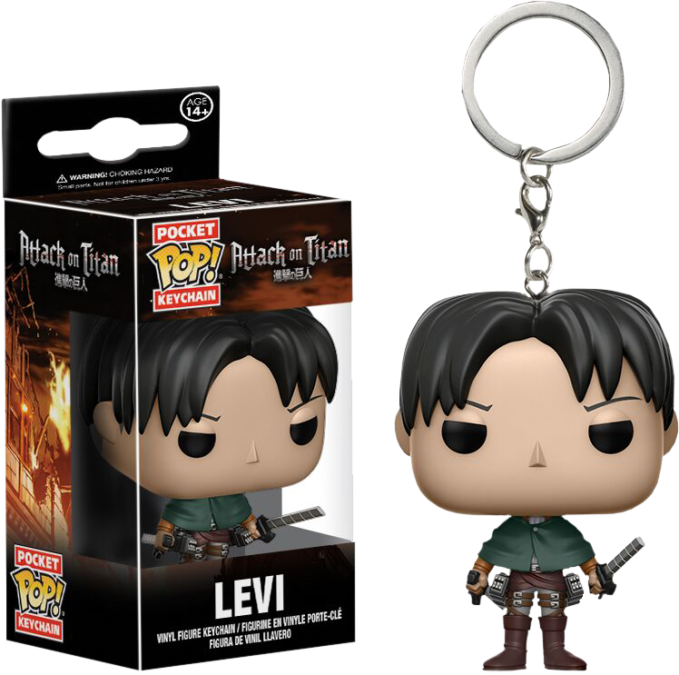 利維·阿克曼 Funko Pop 鑰匙圈 壁紙 — 一個來自《進擊的巨人》的里維 Funko Pocket Pop! 鑰匙扣，在黑色背景前與其包裝並列。