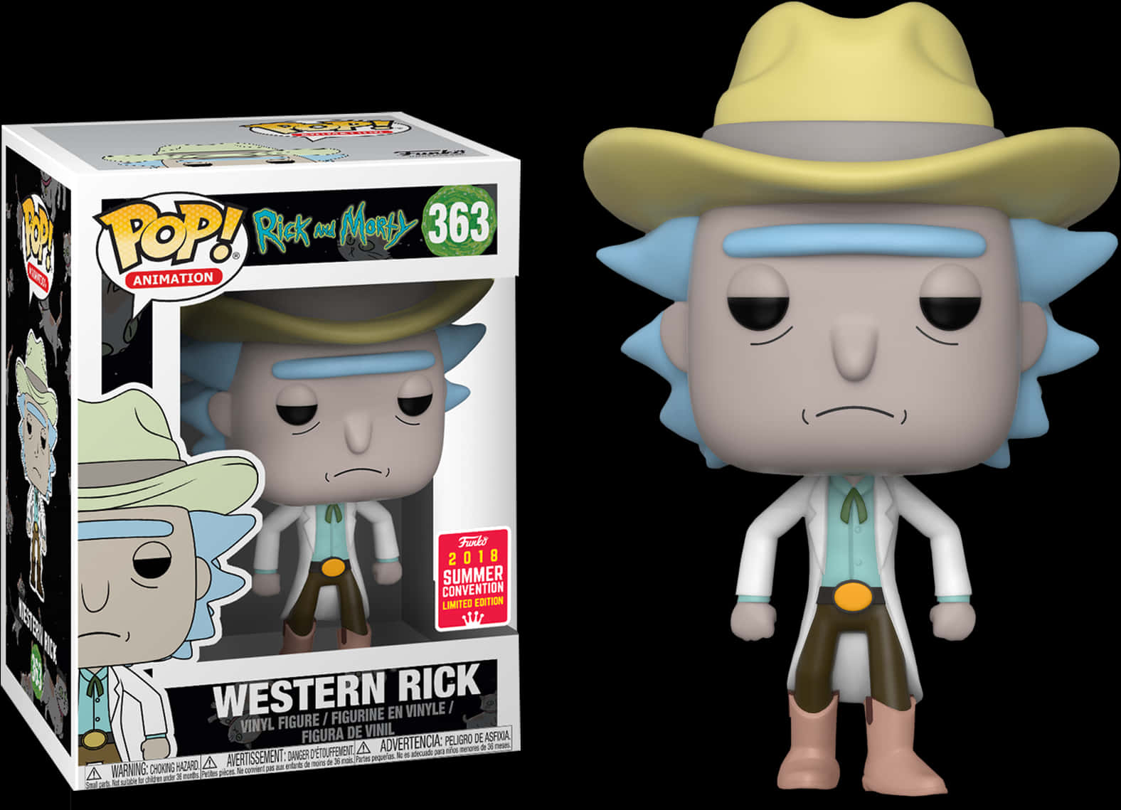 西部風格瑞克 Funko Pop 壁紙 — 一個 Funko Pop! 的瑞克和莫蒂中瑞克的牛仔帽和靴子造型的乙烯基公仔，旁邊是其收藏盒。
