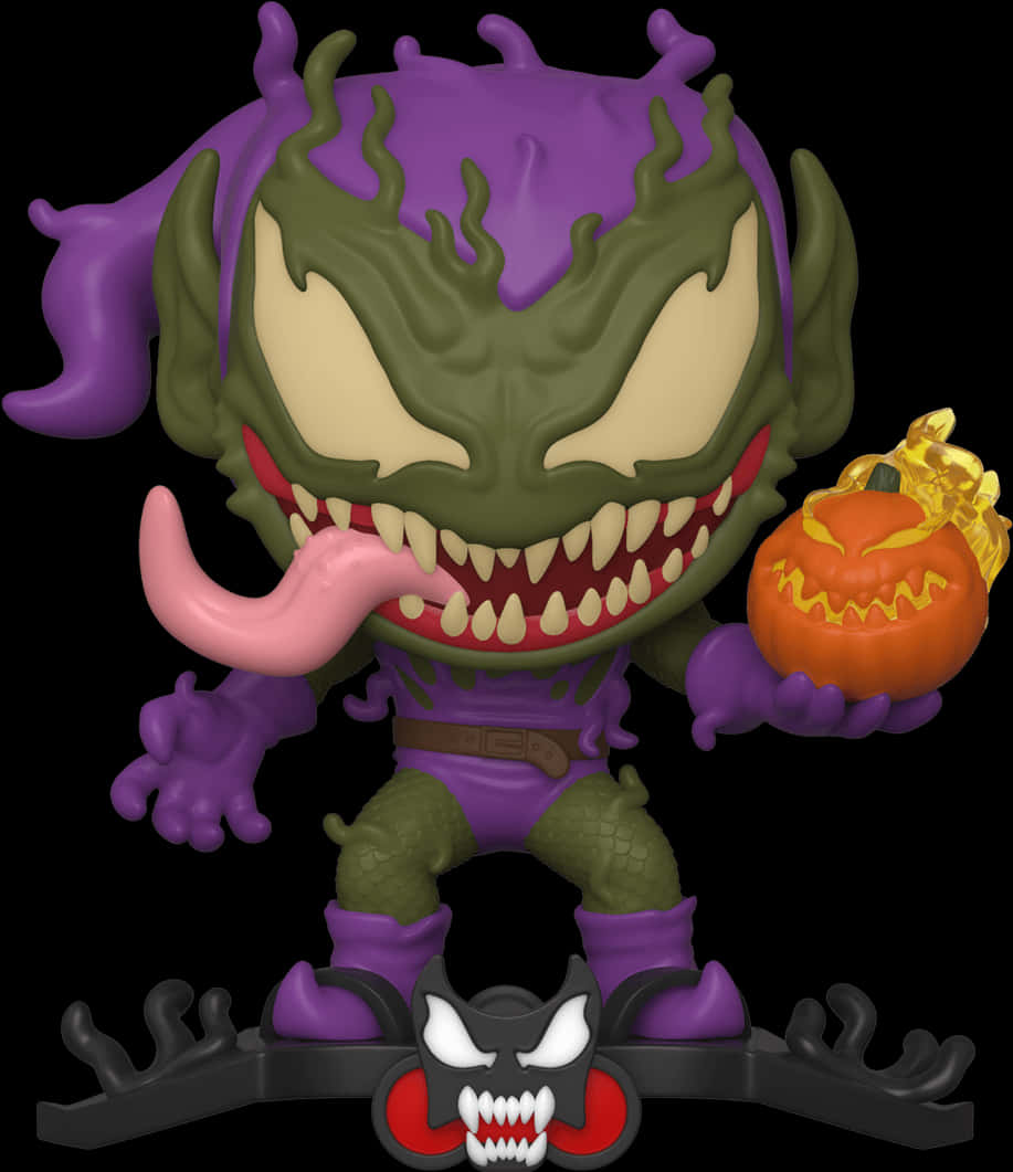 綠惡魔 Funko Pop 毀滅公仔 壁紙 — 一個穿著萬聖節服裝的毒魔 Funko Pop! 人偶，在黑色背景前拿著一個雕刻南瓜。