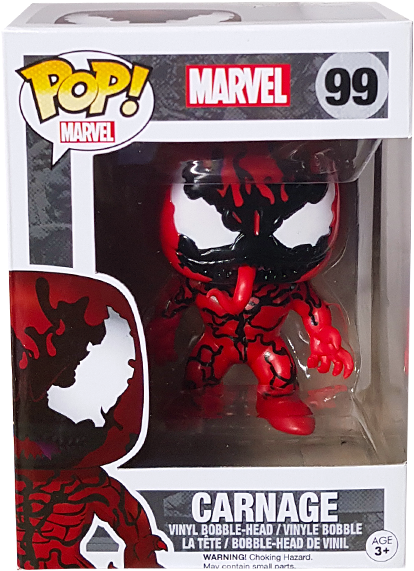 漫威卡內奇 Funko Pop 公仔 #99 壁紙 — 一個紅色和黑色的 Carnage Funko Pop! 乙烯基人偶，附有原裝包裝和 Marvel 品牌標誌。